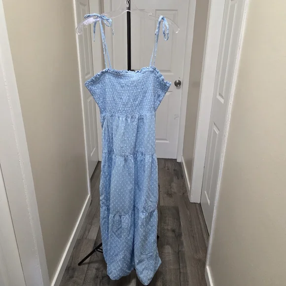 Light Blue Smocked 100% Cotton Midi Dress Tie Strap Swiss Dot Cottagecore Boho - Picture 2 of 8